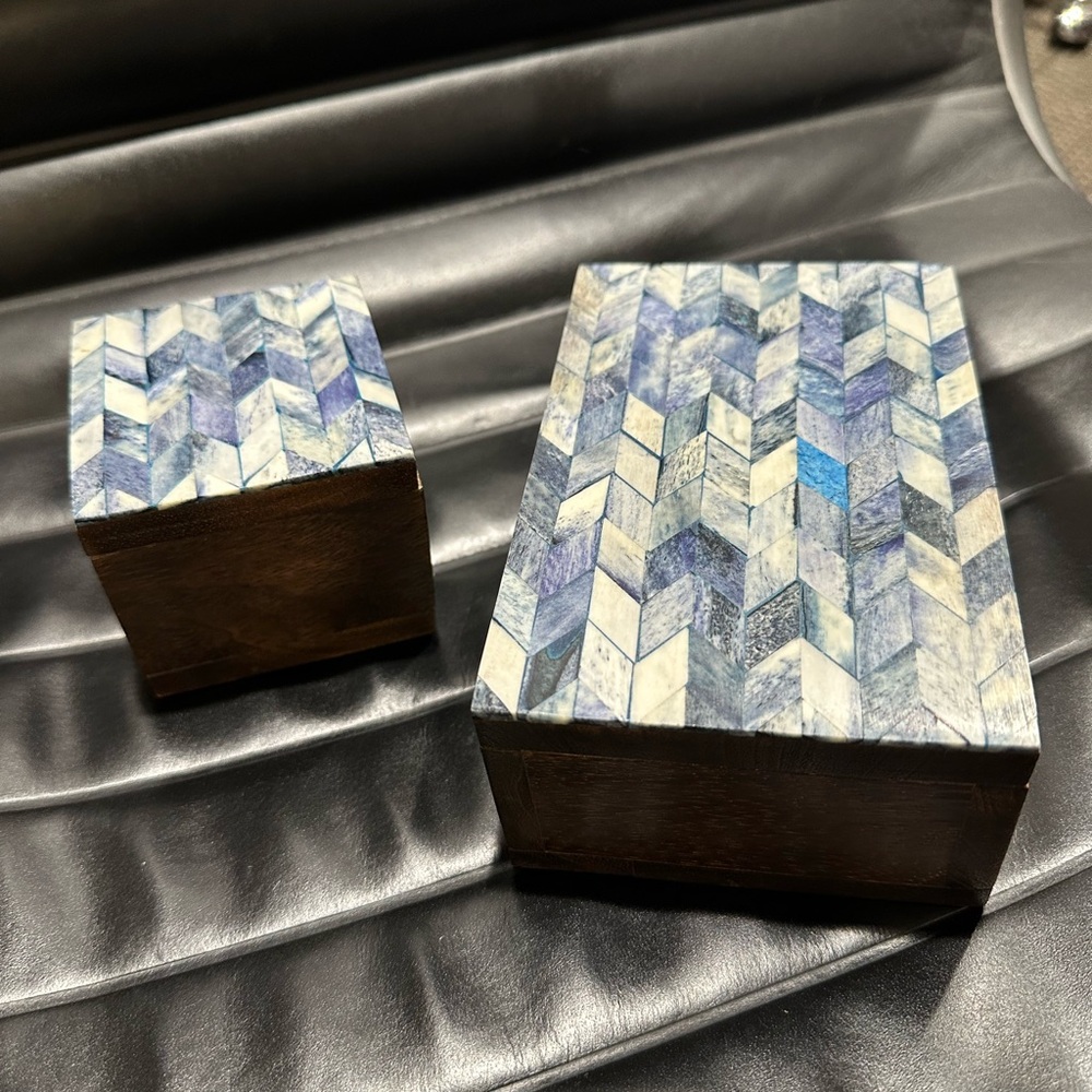 Two Bone Inlay Wooden Chevron Patterned Trinket Boxes
